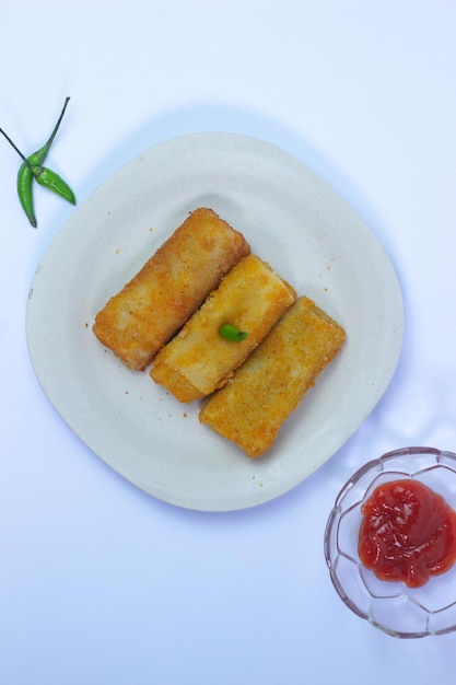 High angle risoles mayo is a traditional indonesian snack filled with smoked beef or sausage boiled