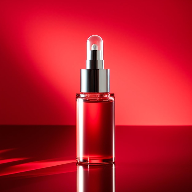 high angle serum bottle with red background