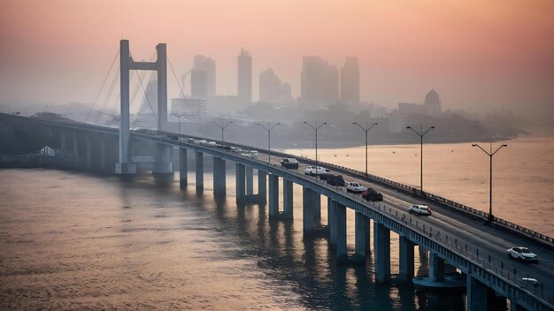 Photo high angle shot of bandra worli sealink in mumbai enveloped with fog