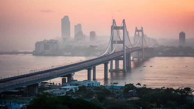 High angle shot of bandra worli sealink in mumbai enveloped with fog