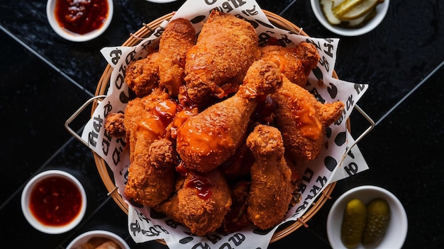 High angle shot of a basket of delicious fried chicken with hot sauce on a black surface