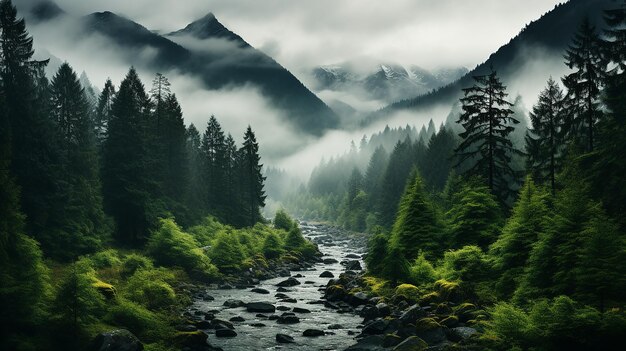 High angle shot of a beautiful forest with a lot of green trees enveloped in fog in new zealand