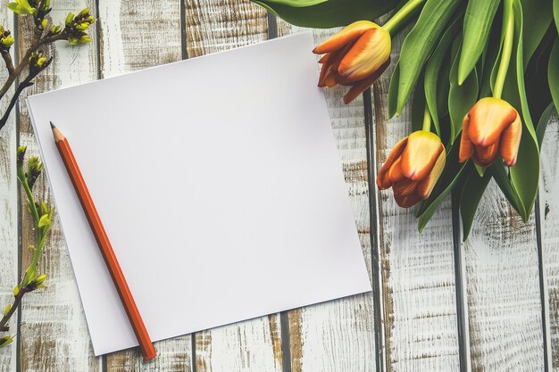 High angle shot of a blank paper with yellow tulips on a white table