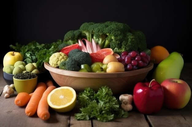 High angle shot of a bowl of fruit and vegetables on the table created with generative ai