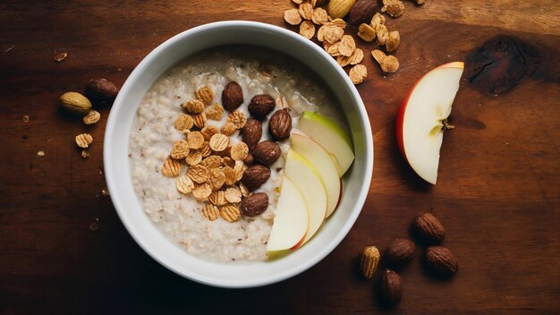 High angle shot of a bowl porridge with cereal and nuts and slices of apple on a wooden table