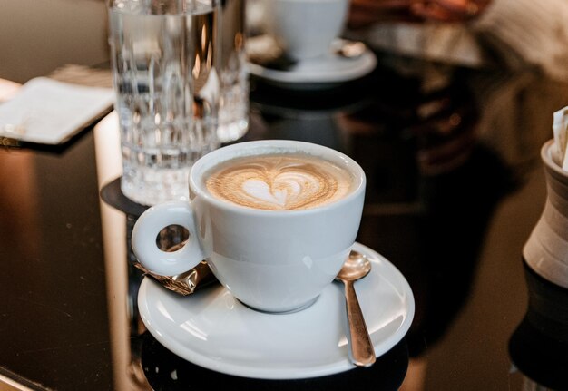 High angle shot of caffe latte in the cafe