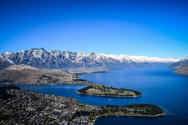 High angle shot of calm sea against landscape