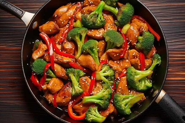 High angle shot of chicken stir fry being cooked in a cast iron skillet