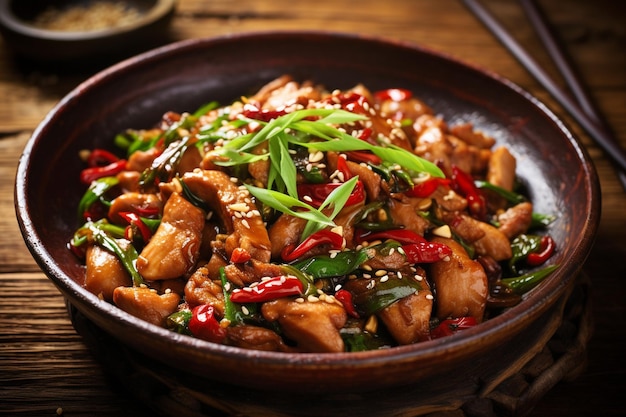 High angle shot of chicken stir fry being plated with garnishes