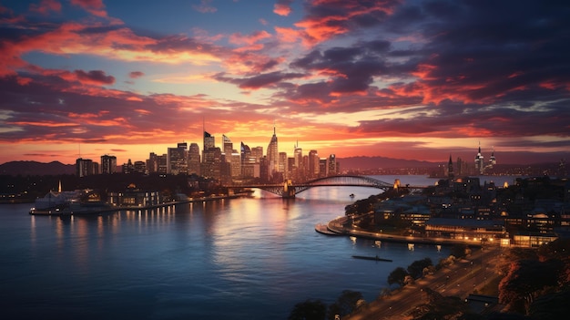 High angle shot of a cityscape with tall skyscrapers during sunset