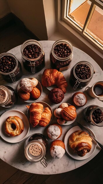 Photo high angle shot of coffee beans in jars on a breakfast table with some pastry