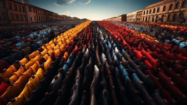 Foto high angle shot di una folla di persone in camicie colorate sono raccolte insieme in una grande folla di camicie nere