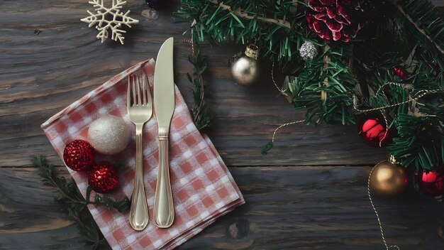 High angle shot of cutlery set with country style napkin and christmas decoration on wooden surface