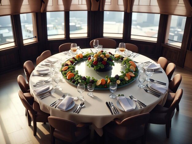 창문이 있는 멋진 레스토랑 원형 테이블의 높은 각도 사진