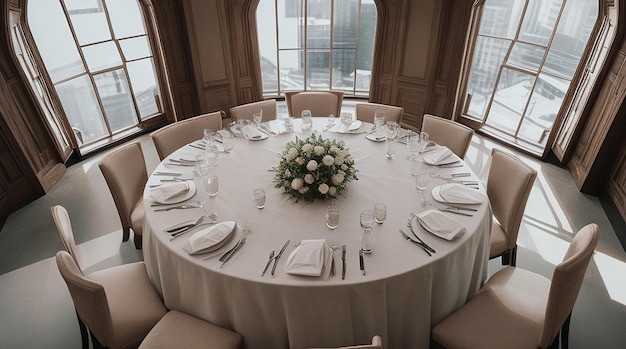 High angle shot of a fancy restaurant round table with windows