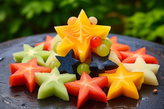 High angle shot of a fruit salad being served in a glass bowl on a wooden table