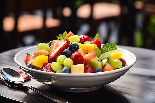 Foto foto ad alto angolo di un'insalata di frutta servita in una ciotola di vetro su un tavolo di legno