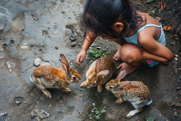 Photo high angle shot of girl playing with rabbits in the yard generative ai