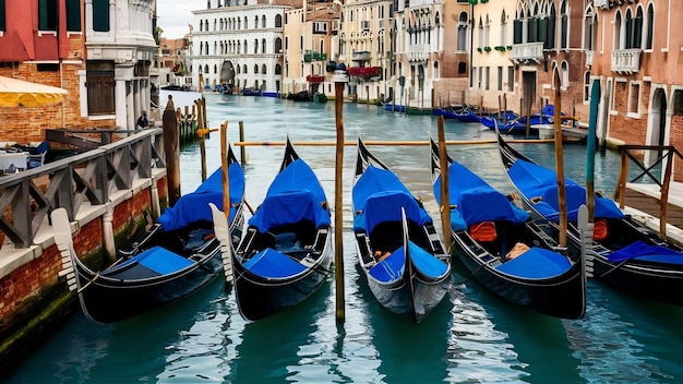 Photo high angle shot of gondolas parked in the canal in venice italy