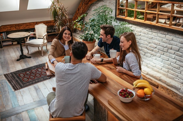 High angle shot of group of friends chatting at home