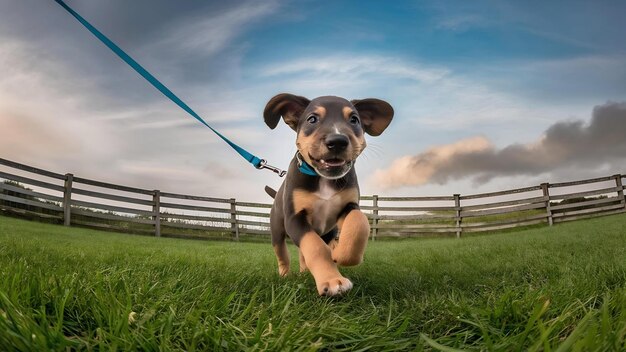 Photo high angle shot of a huntaway puppy on the grass with a blue leash