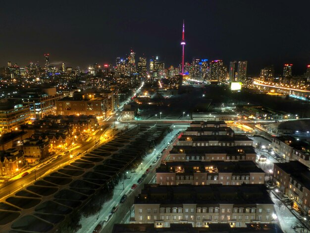 High angle shot of illuminated cityscape at night