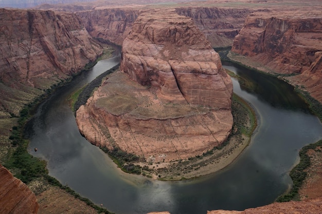 High angle shot of lake along rocky landscape