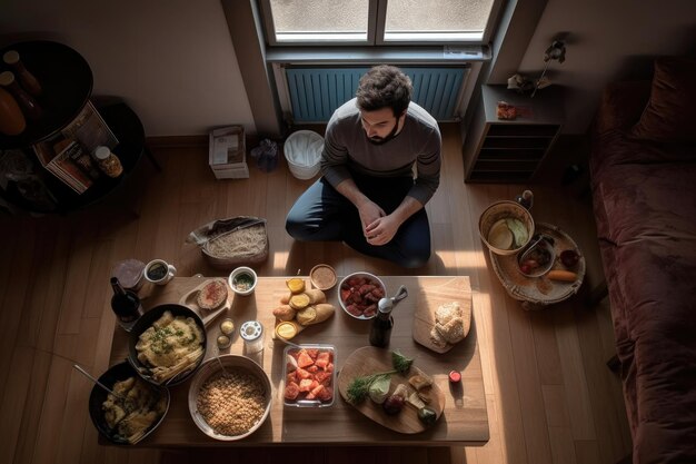 High angle shot of a man sitting alone at home with food created with generative ai