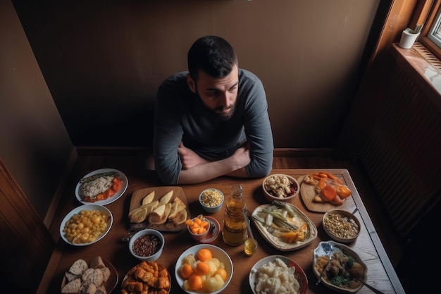 Высокоугольный кадр человека, сидящего в одиночестве дома с едой, созданной с помощью генеративного искусственного интеллекта
