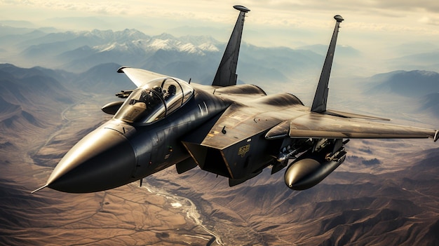 Foto fotografia ad alta angolazione dell'aereo mcdonnell douglas f15e strike eagle nel cielo pulito