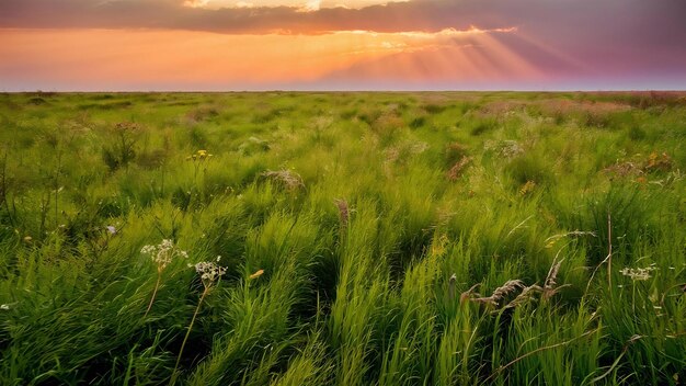 High angle shot of a meadow covered with grass during a sunset