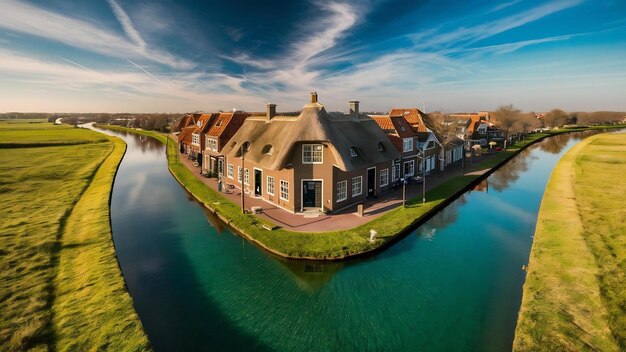 High angle shot of the merwede canal surrounded by grassy fields captured in nehterlands