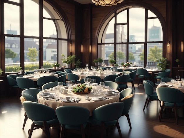 Фото Высокоугольный снимок роскошного ресторанного круглого стола с окнами