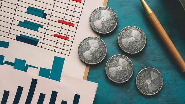 High angle shot of silver coins on pages with bar graphs