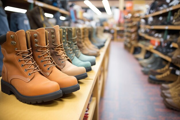 Photo high angle shot of steeltoed boots arranged in rows at a store