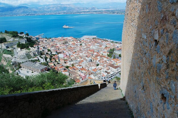 High angle shot of townscape against the river