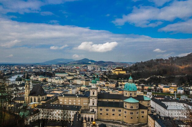 High angle shot of townscape against sky