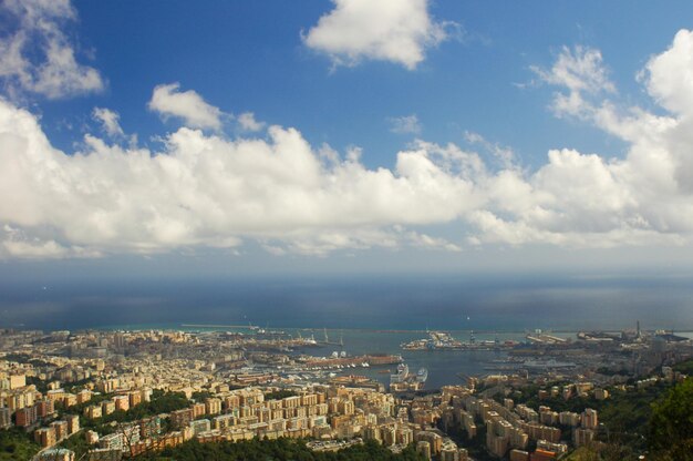 High angle shot of townscape against sky