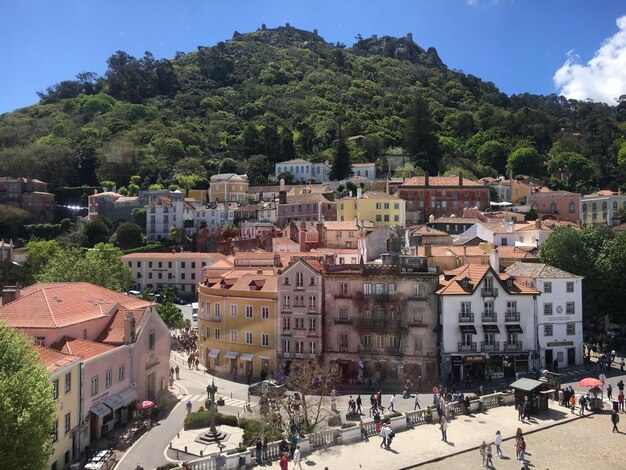 High angle shot of townscape against sky