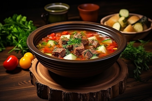 High angle shot of a white bowl of meat and vegetable soup on a wooden table