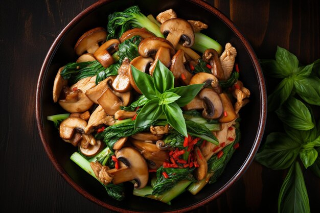 High angle shot of a wok filled with chicken bok choy and shiitake mushrooms