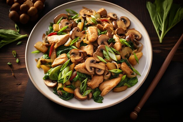 High angle shot of a wok filled with chicken bok choy and shiitake mushrooms