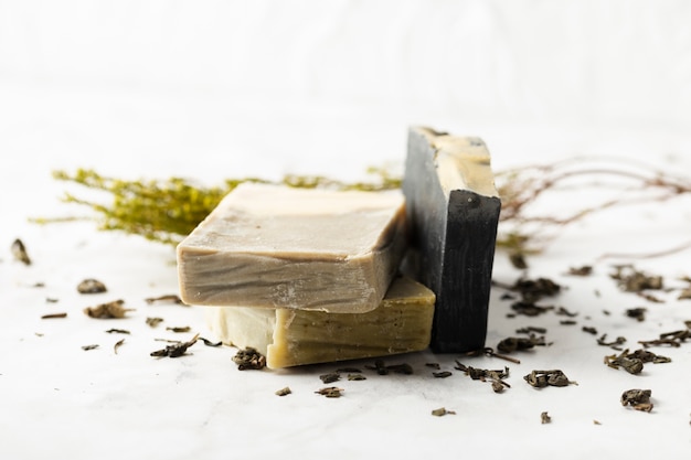 High angle stack of natural soap