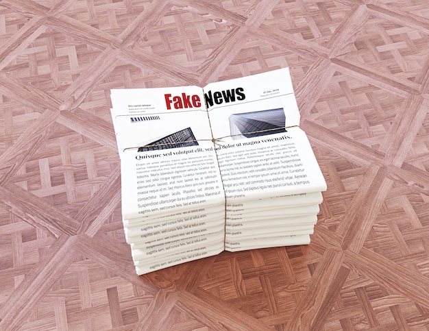 High angle of stack of newspapers with fake news