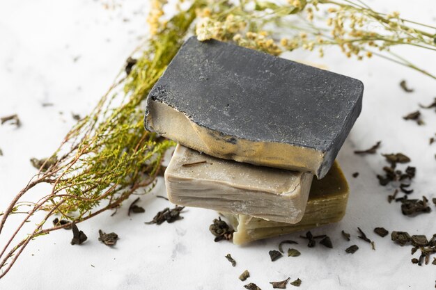 Photo high angle stack of soap on table