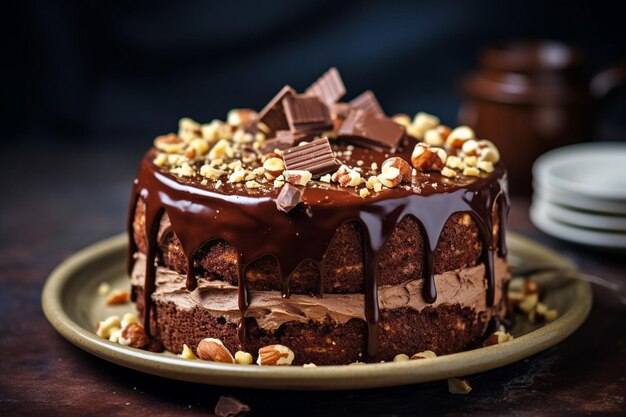 Высокий угол сладкого шоколадного торта с копировальным пространством