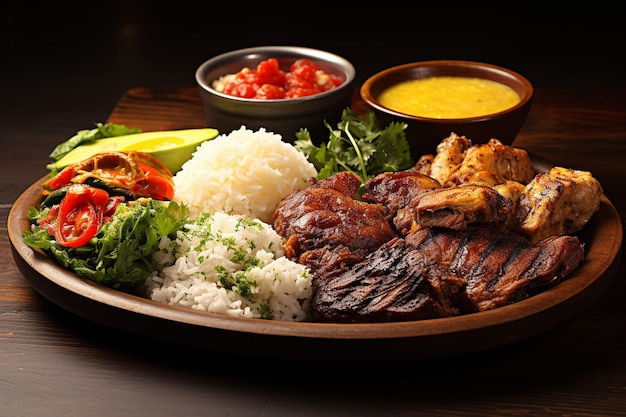 High angle table full of delicious food arrangement