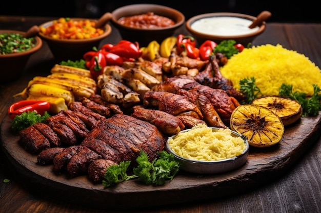 High angle table full of delicious food arrangement