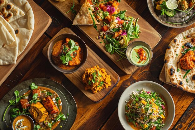 High angle table full of delicious food arrangement