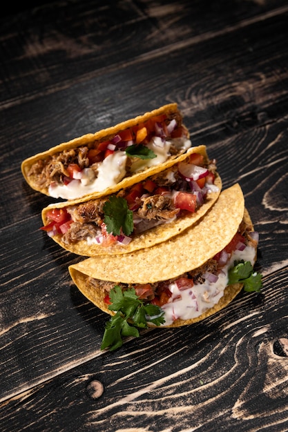 High angle tacos with meat and vegetables